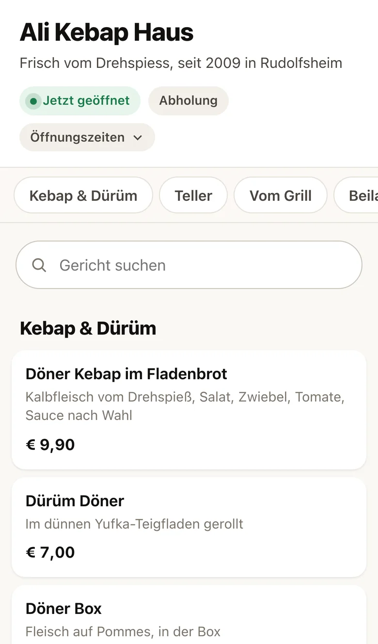 Die Bestellseite von Ali Kebap Haus am Handy: Jetzt geöffnet, Abholung, Kategorien Kebap und Dürüm, Teller, vom Grill